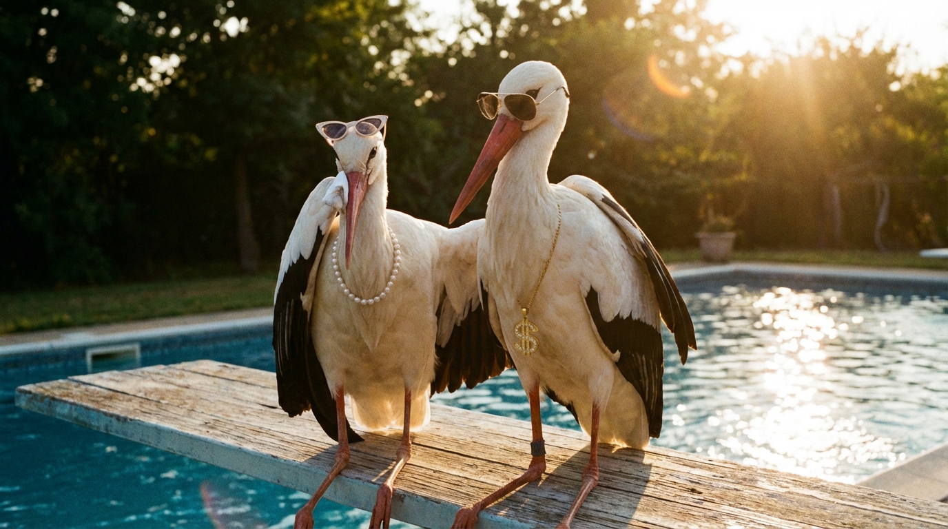 Storks on diving board